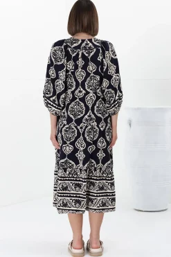 Kamali Midi Dress - Batwing Sleeve Smock Dress with Lace Detailing in Belle Print Navy><noscript><img width=