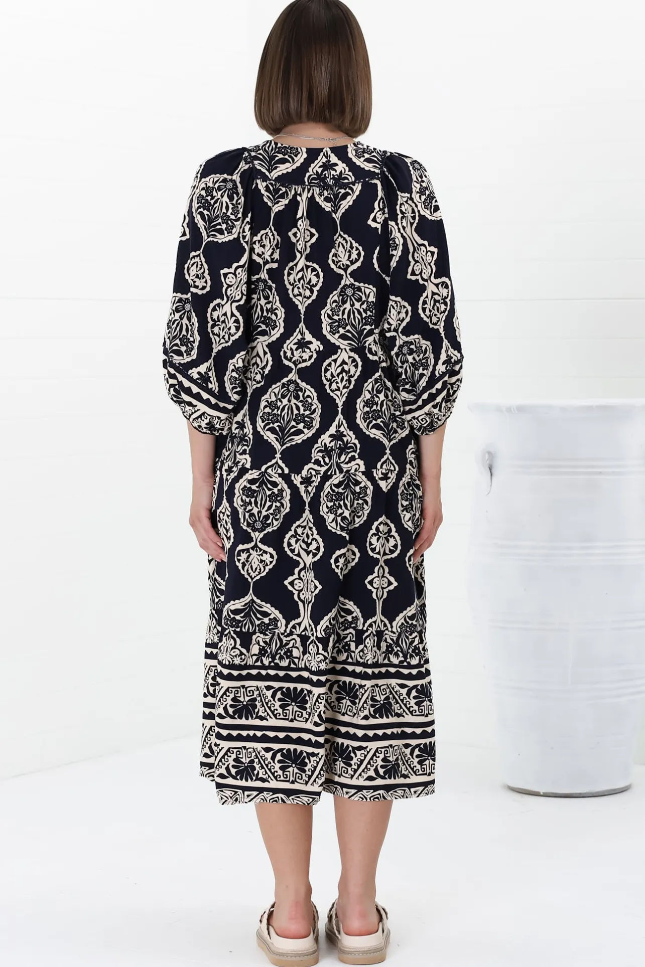 Kamali Midi Dress - Batwing Sleeve Smock Dress with Lace Detailing in Belle Print Navy>Salty Crush Discount