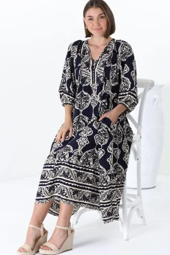 Kamali Midi Dress - Batwing Sleeve Smock Dress with Lace Detailing in Belle Print Navy><noscript><img width=