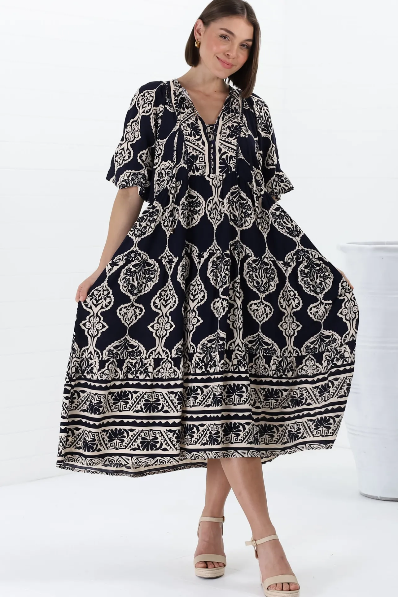 Kamali Midi Dress - Batwing Sleeve Smock Dress with Lace Detailing in Belle Print Navy>Salty Crush Discount