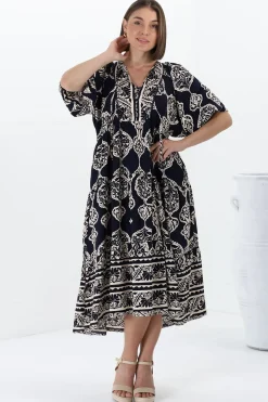 Kamali Midi Dress - Batwing Sleeve Smock Dress with Lace Detailing in Belle Print Navy><noscript><img width=