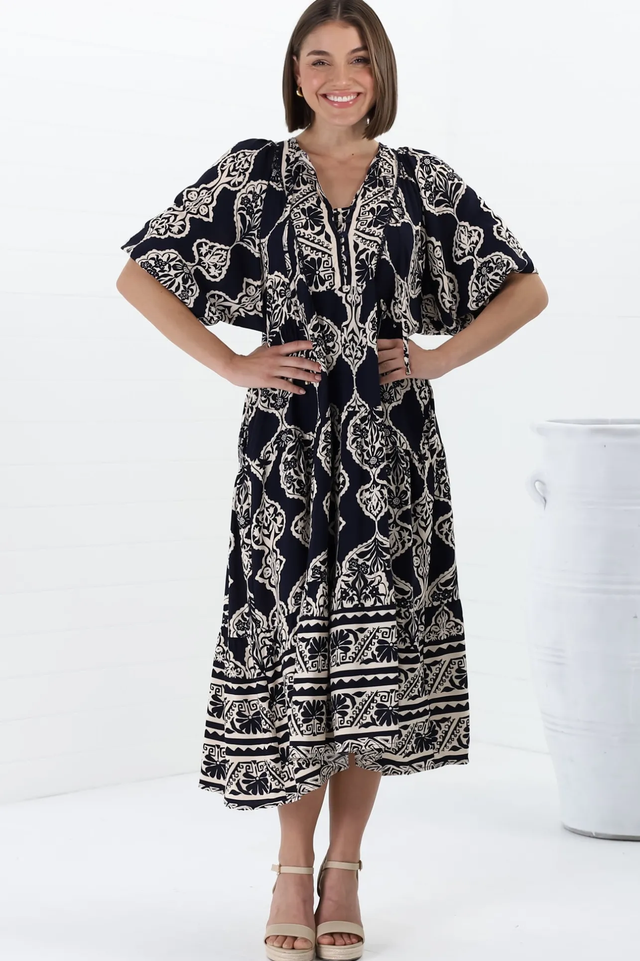 Kamali Midi Dress - Batwing Sleeve Smock Dress with Lace Detailing in Belle Print Navy>Salty Crush Discount