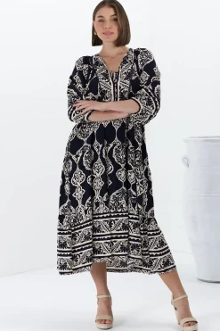 Kamali Midi Dress - Batwing Sleeve Smock Dress with Lace Detailing in Belle Print Navy><noscript><img width=