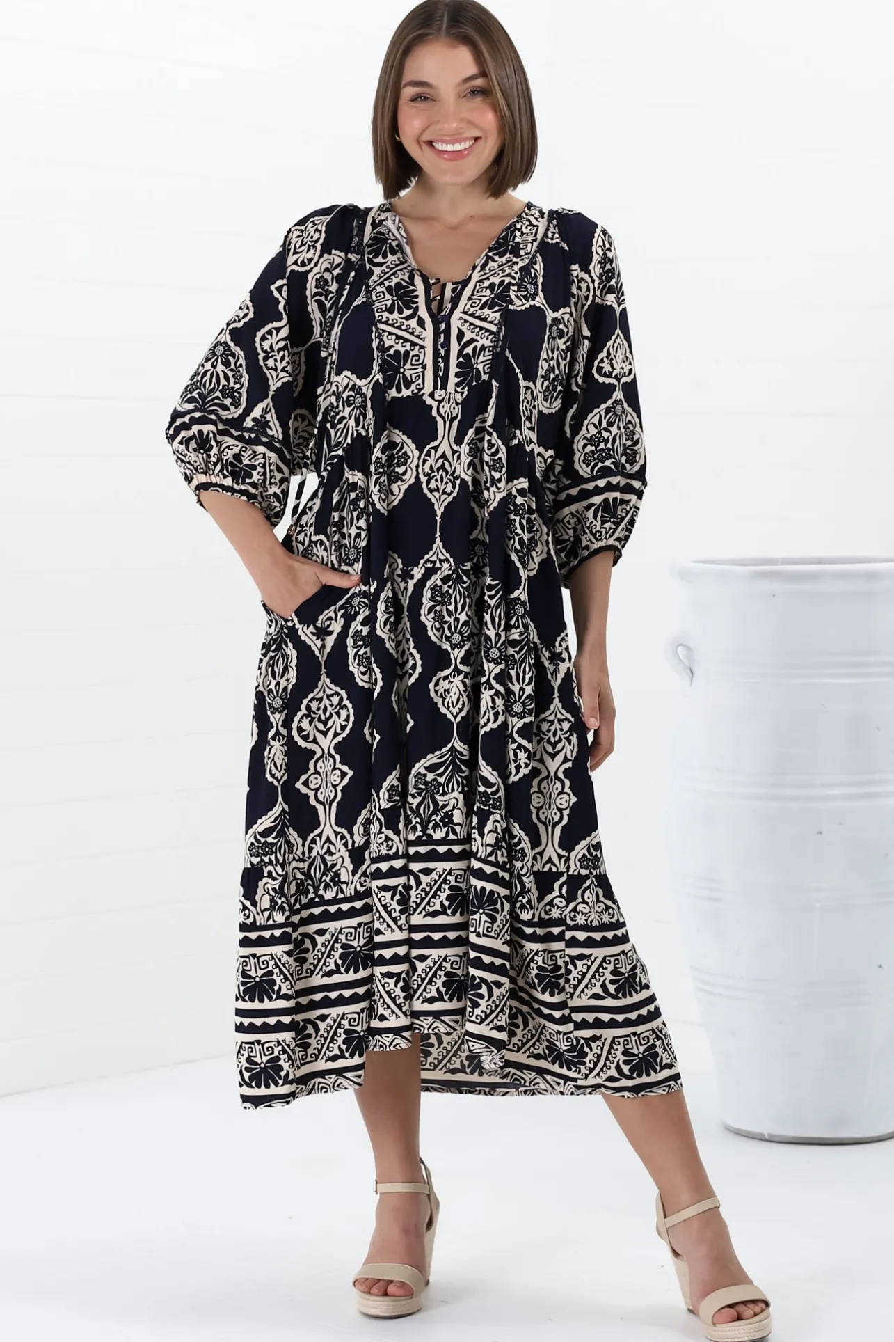 Kamali Midi Dress - Batwing Sleeve Smock Dress with Lace Detailing in Belle Print Navy>Salty Crush Discount
