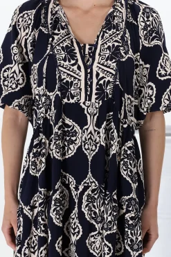 Kamali Midi Dress - Batwing Sleeve Smock Dress with Lace Detailing in Belle Print Navy><noscript><img width=