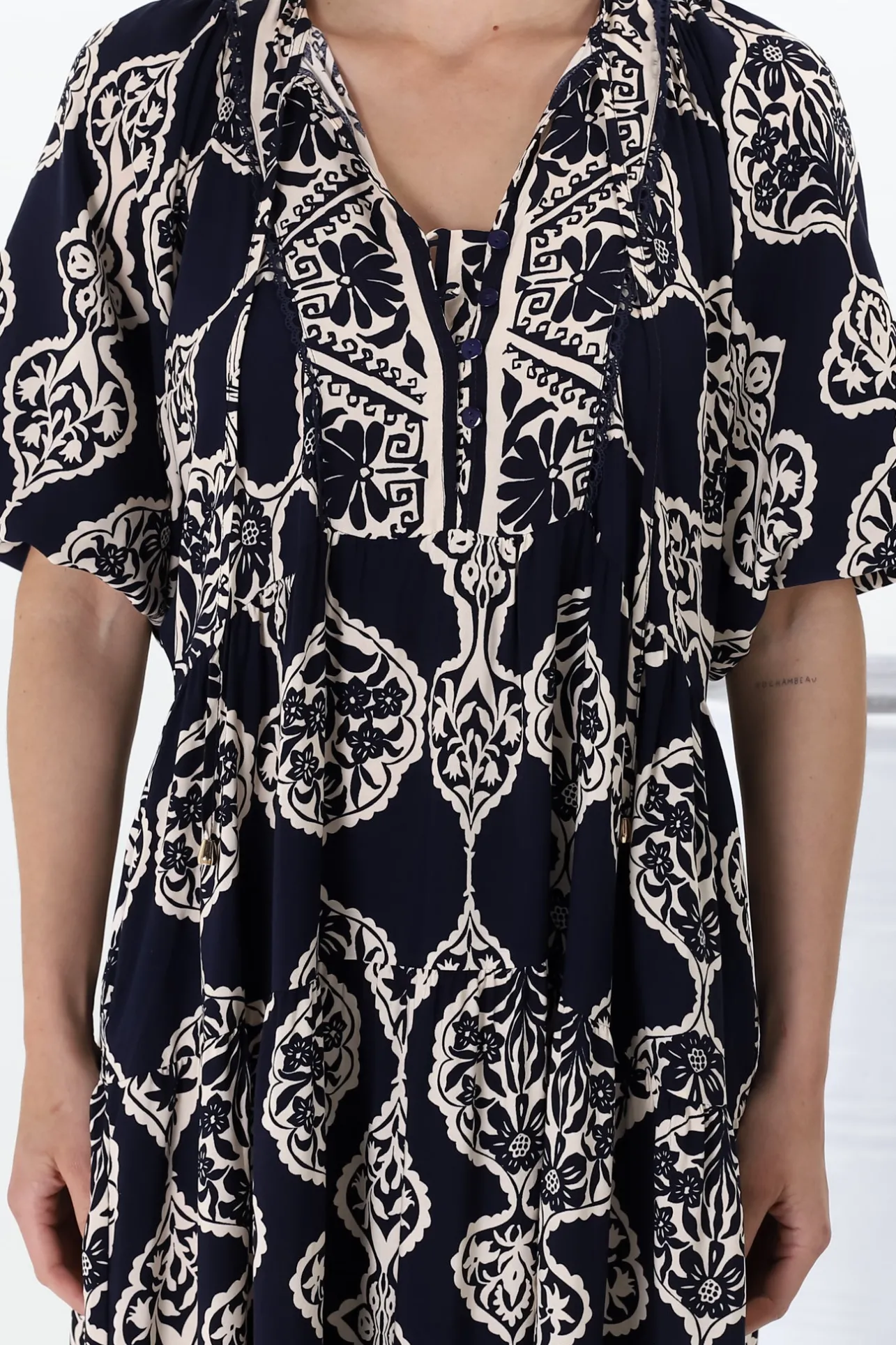 Kamali Midi Dress - Batwing Sleeve Smock Dress with Lace Detailing in Belle Print Navy>Salty Crush Discount