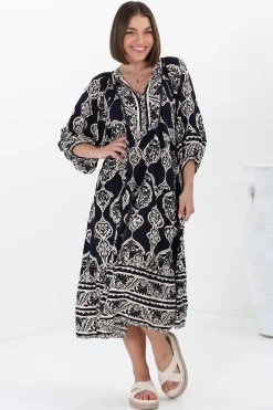 Kamali Midi Dress - Batwing Sleeve Smock Dress with Lace Detailing in Belle Print Navy><noscript><img width=