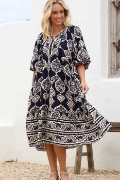 Kamali Midi Dress - Batwing Sleeve Smock Dress with Lace Detailing in Belle Print Navy><noscript><img width=