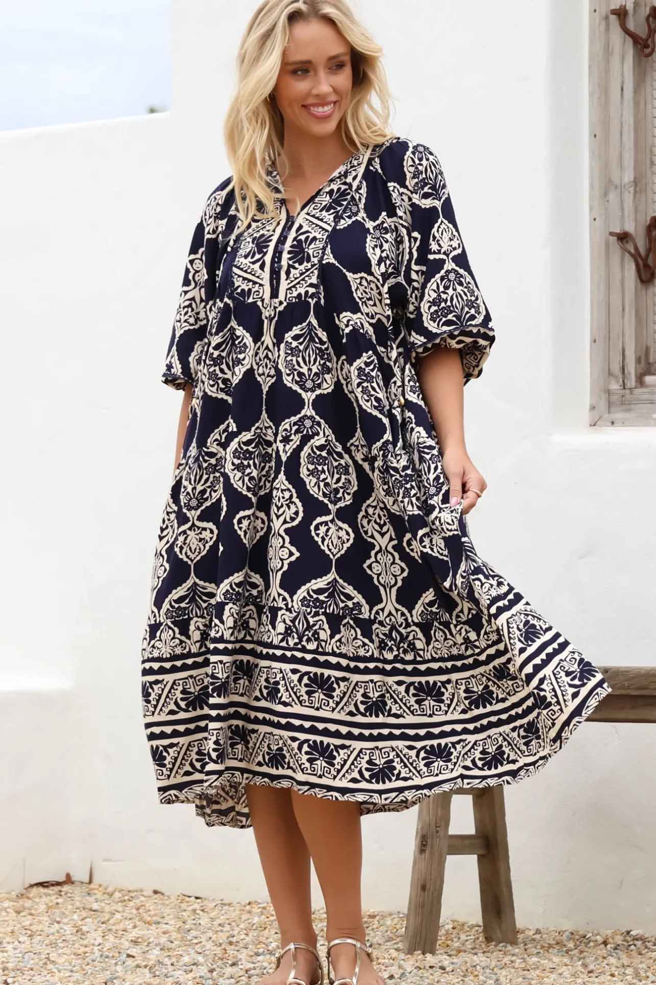 Kamali Midi Dress - Batwing Sleeve Smock Dress with Lace Detailing in Belle Print Navy>Salty Crush Discount