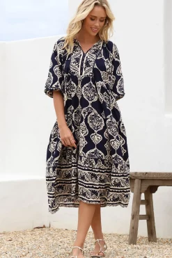 Kamali Midi Dress - Batwing Sleeve Smock Dress with Lace Detailing in Belle Print Navy><noscript><img width=