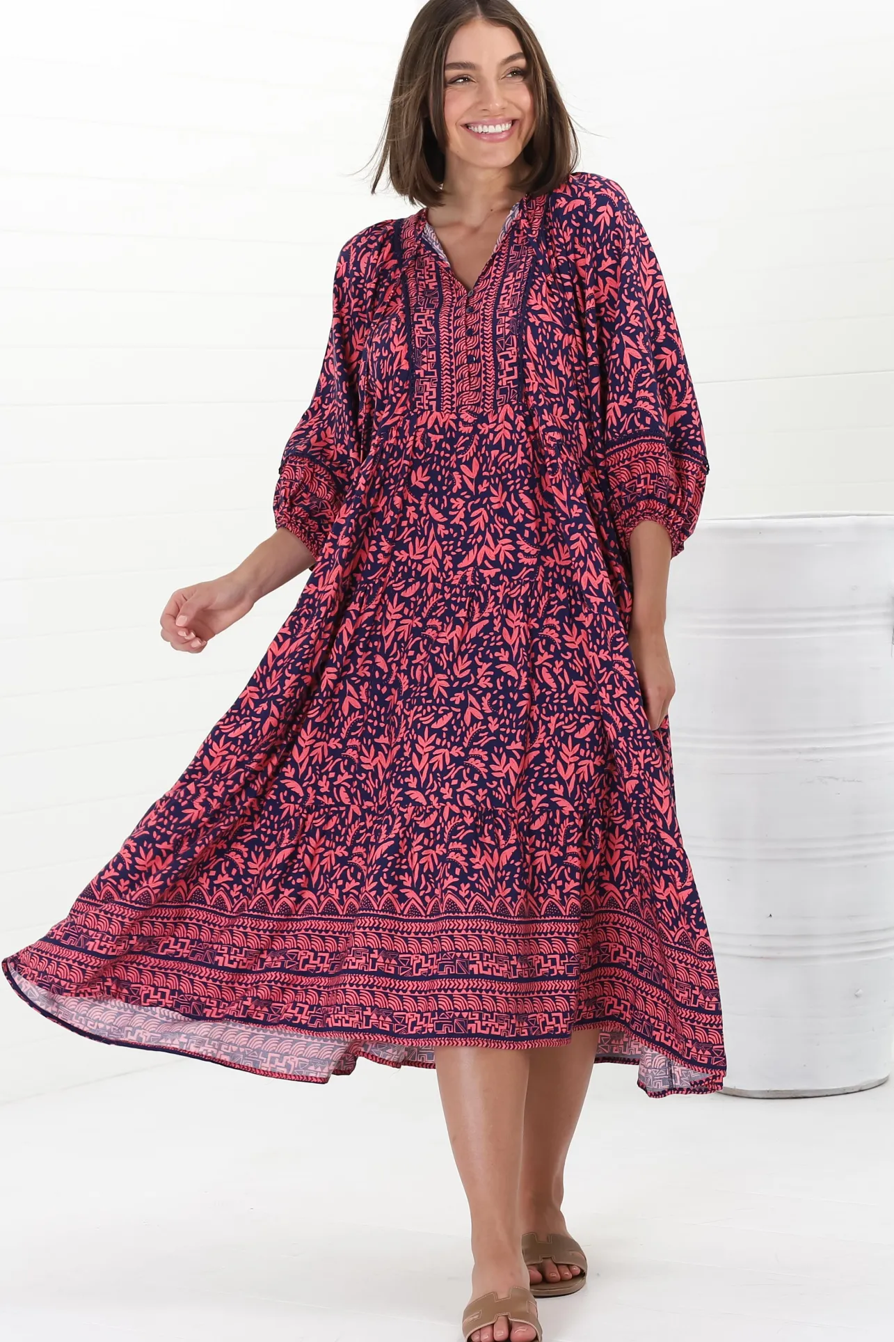 Kamali Midi Dress - Batwing Sleeve Smock Dress with Lace Detailing in Tayler Print Pink>Salty Crush New