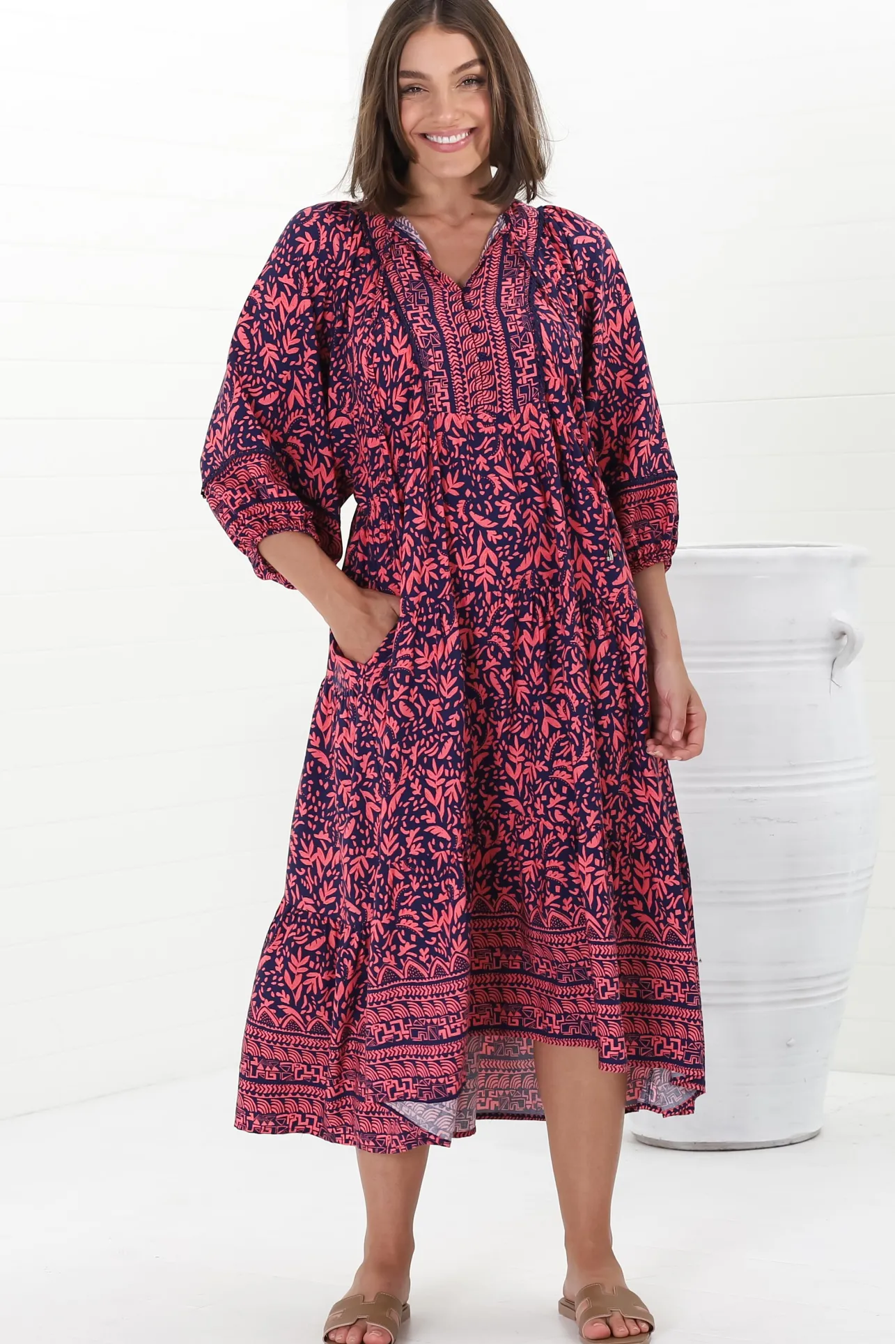 Kamali Midi Dress - Batwing Sleeve Smock Dress with Lace Detailing in Tayler Print Pink>Salty Crush New