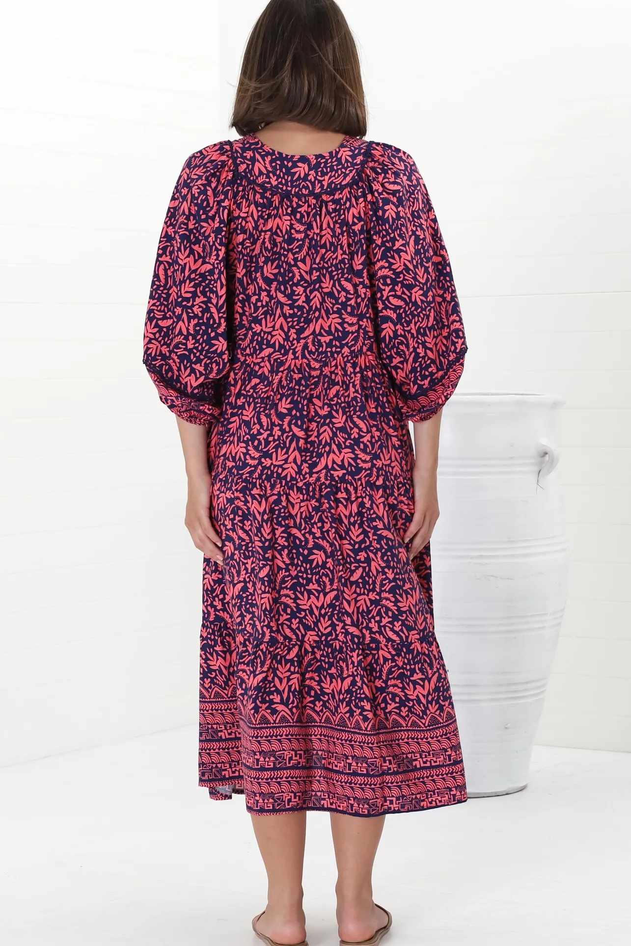 Kamali Midi Dress - Batwing Sleeve Smock Dress with Lace Detailing in Tayler Print Pink>Salty Crush New