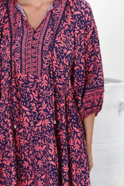 Kamali Midi Dress - Batwing Sleeve Smock Dress with Lace Detailing in Tayler Print Pink><noscript><img width=