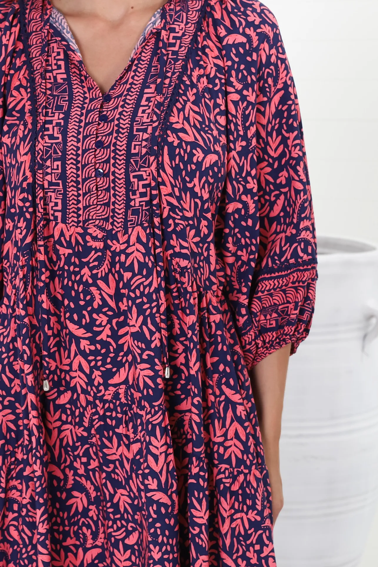 Kamali Midi Dress - Batwing Sleeve Smock Dress with Lace Detailing in Tayler Print Pink>Salty Crush New