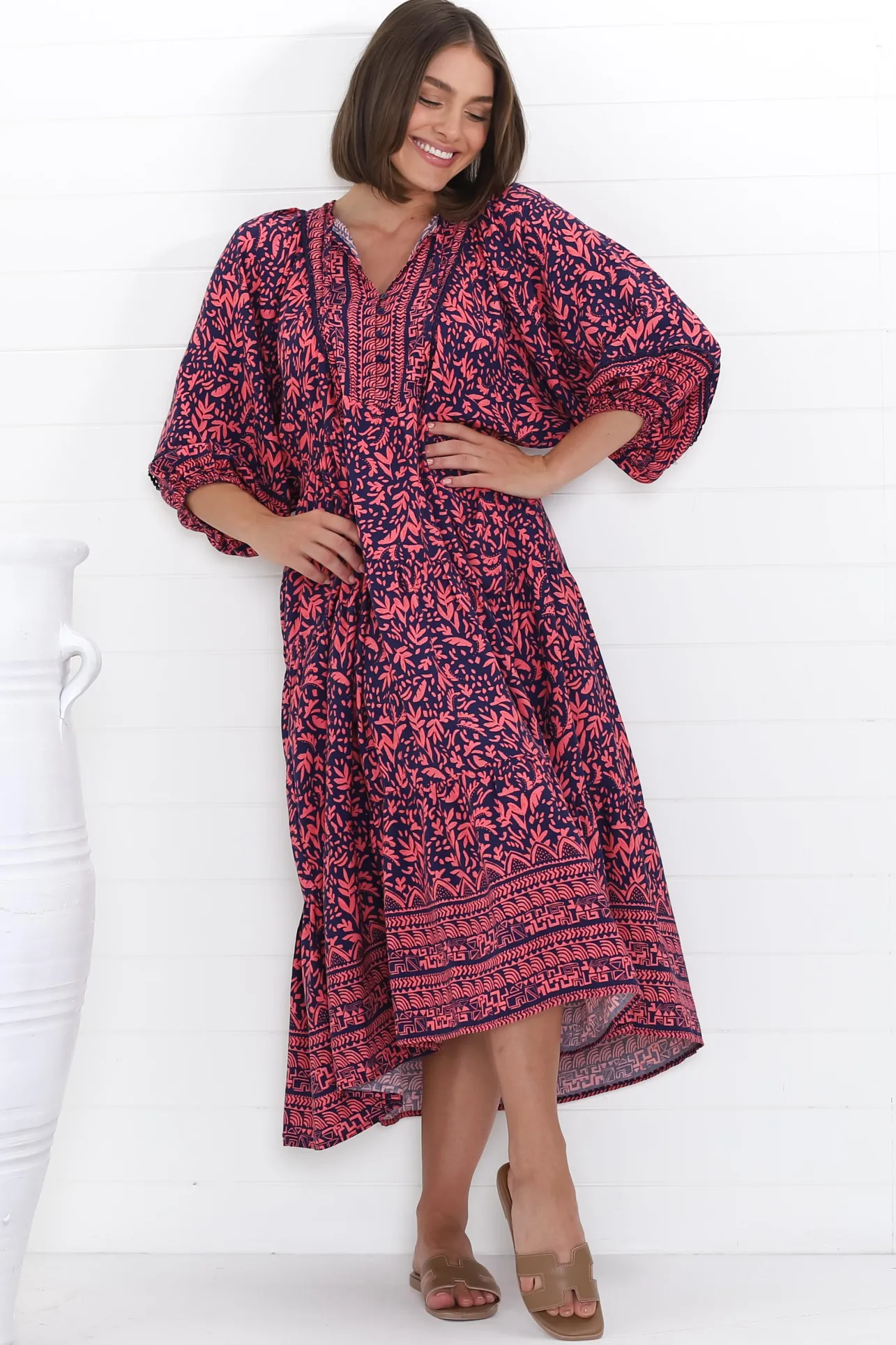 Kamali Midi Dress - Batwing Sleeve Smock Dress with Lace Detailing in Tayler Print Pink>Salty Crush New