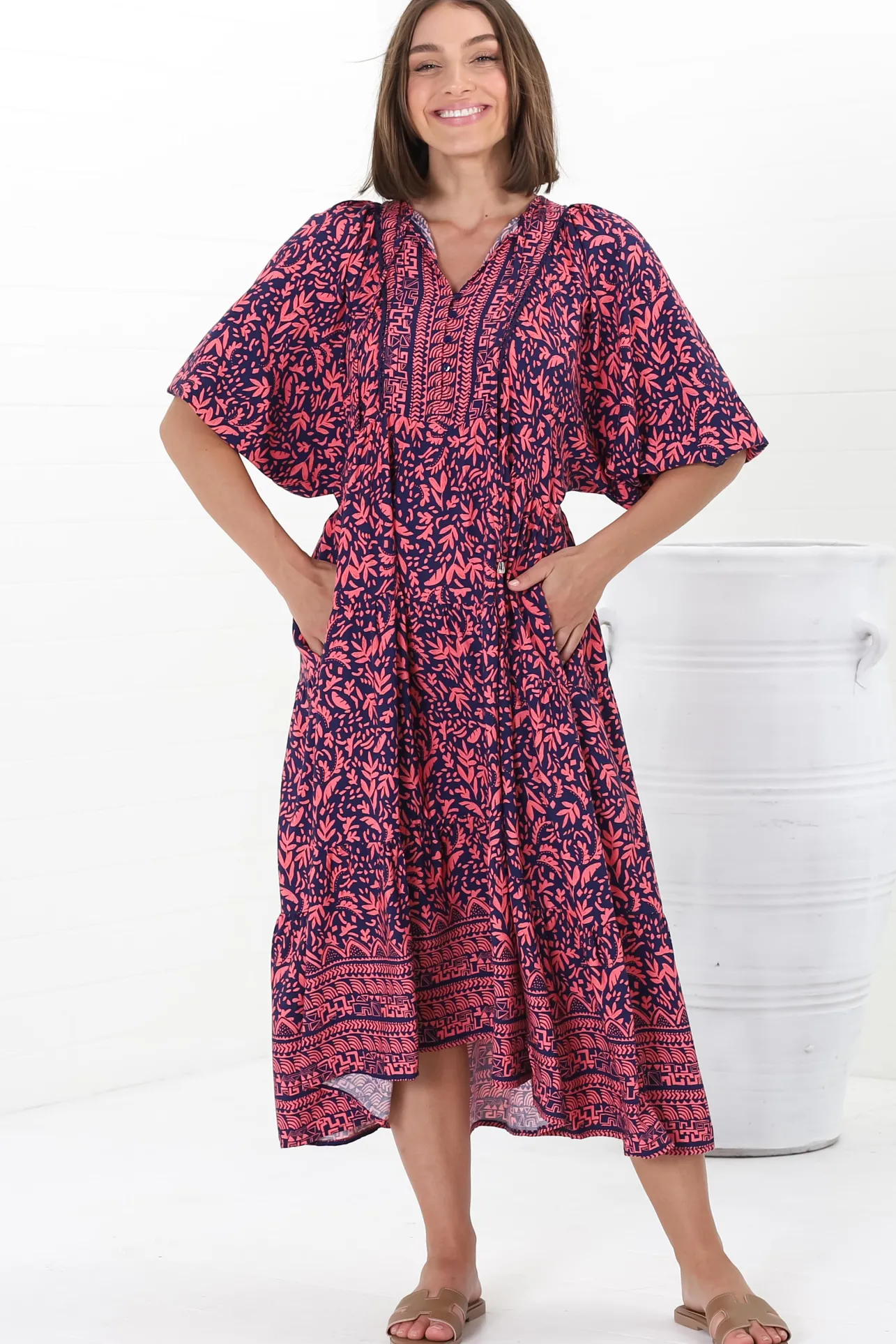 Kamali Midi Dress - Batwing Sleeve Smock Dress with Lace Detailing in Tayler Print Pink>Salty Crush New
