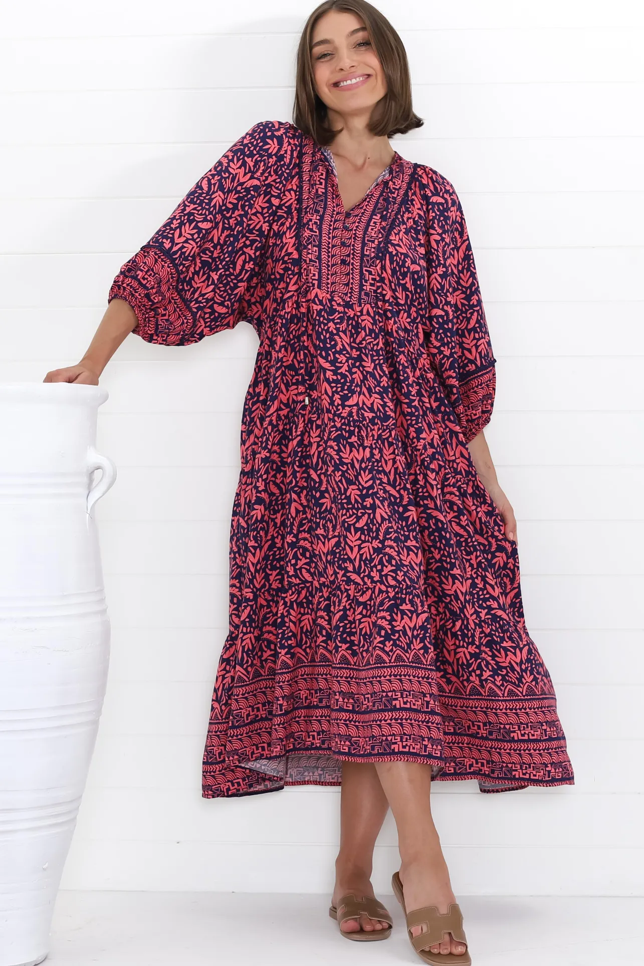 Kamali Midi Dress - Batwing Sleeve Smock Dress with Lace Detailing in Tayler Print Pink>Salty Crush New