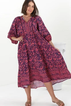 Kamali Midi Dress - Batwing Sleeve Smock Dress with Lace Detailing in Tayler Print Pink><noscript><img width=