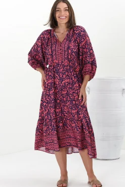 Kamali Midi Dress - Batwing Sleeve Smock Dress with Lace Detailing in Tayler Print Pink><noscript><img width=