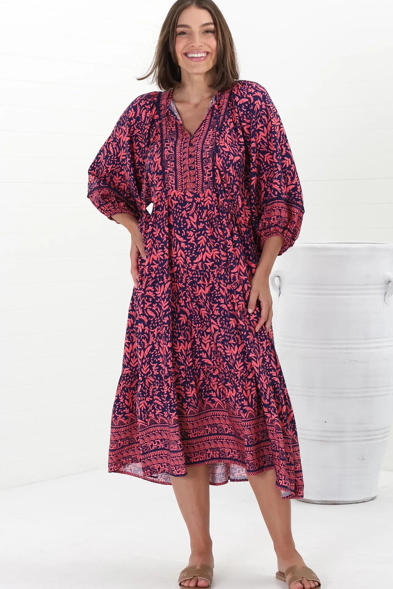 Kamali Midi Dress - Batwing Sleeve Smock Dress with Lace Detailing in Tayler Print Pink>Salty Crush New