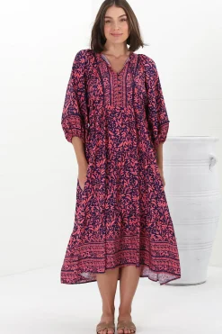 Kamali Midi Dress - Batwing Sleeve Smock Dress with Lace Detailing in Tayler Print Pink><noscript><img width=