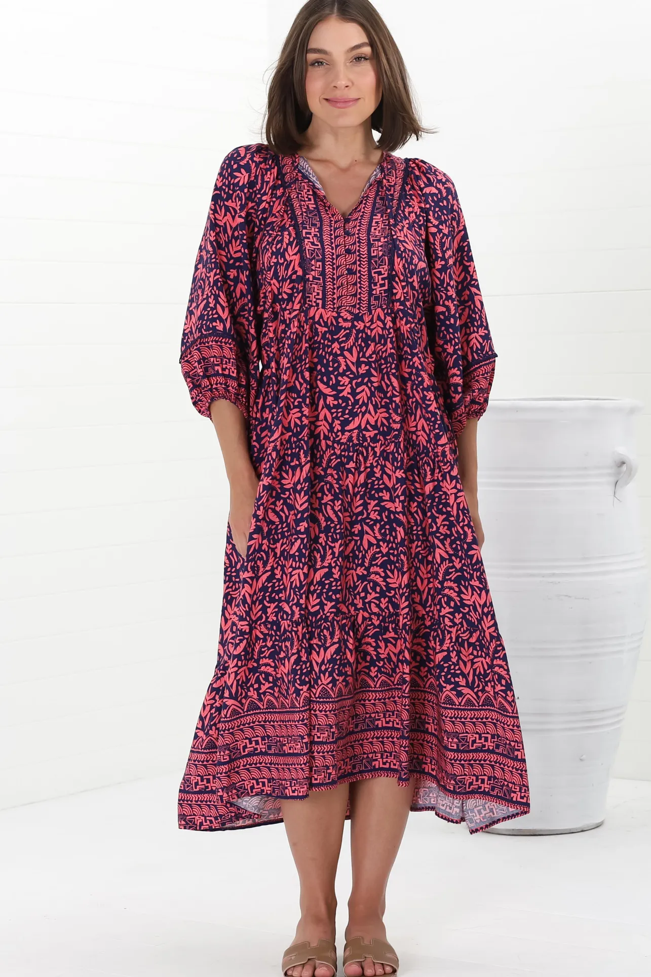 Kamali Midi Dress - Batwing Sleeve Smock Dress with Lace Detailing in Tayler Print Pink>Salty Crush New