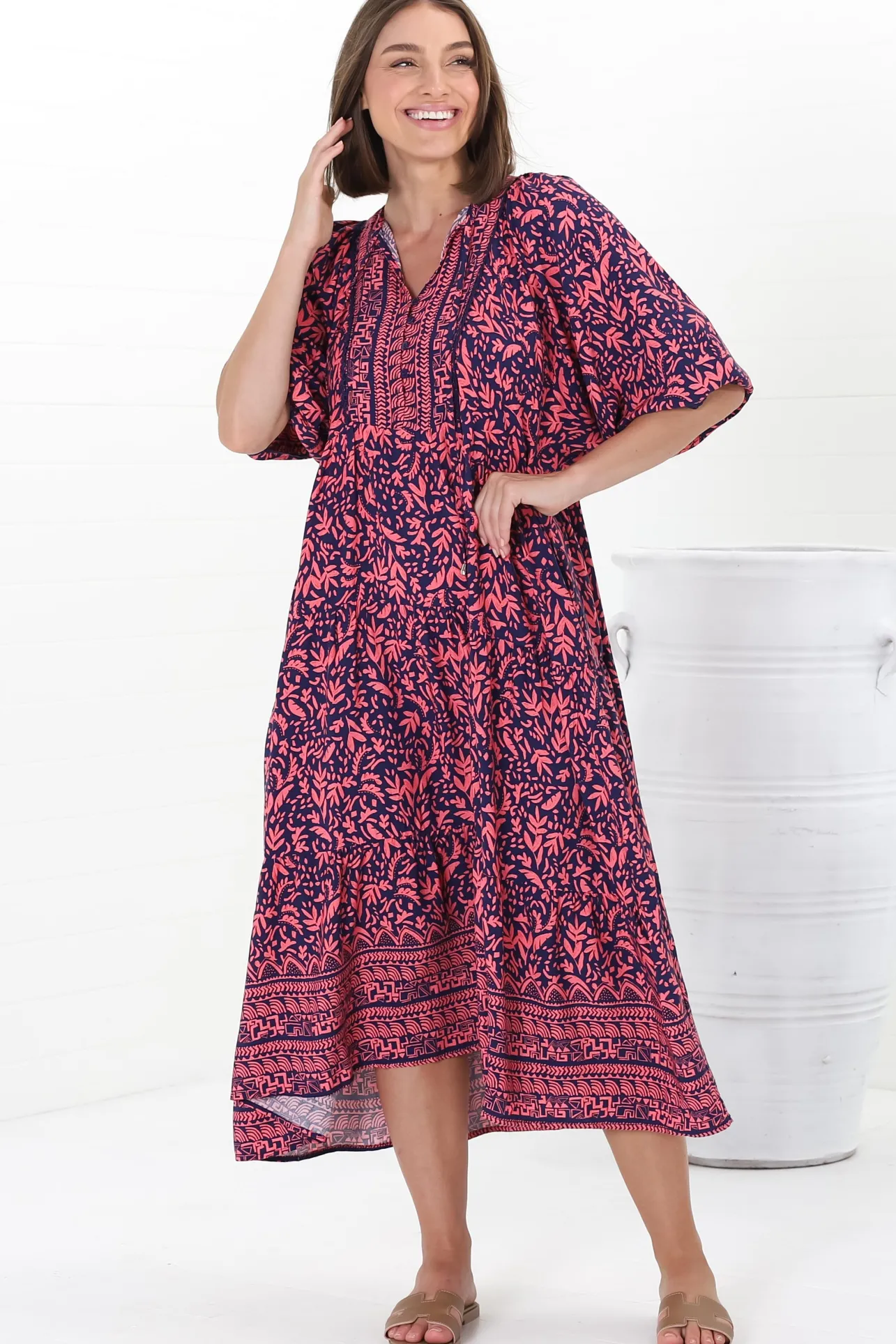 Kamali Midi Dress - Batwing Sleeve Smock Dress with Lace Detailing in Tayler Print Pink>Salty Crush New