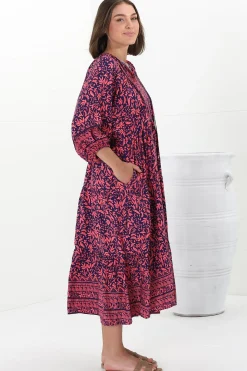 Kamali Midi Dress - Batwing Sleeve Smock Dress with Lace Detailing in Tayler Print Pink><noscript><img width=