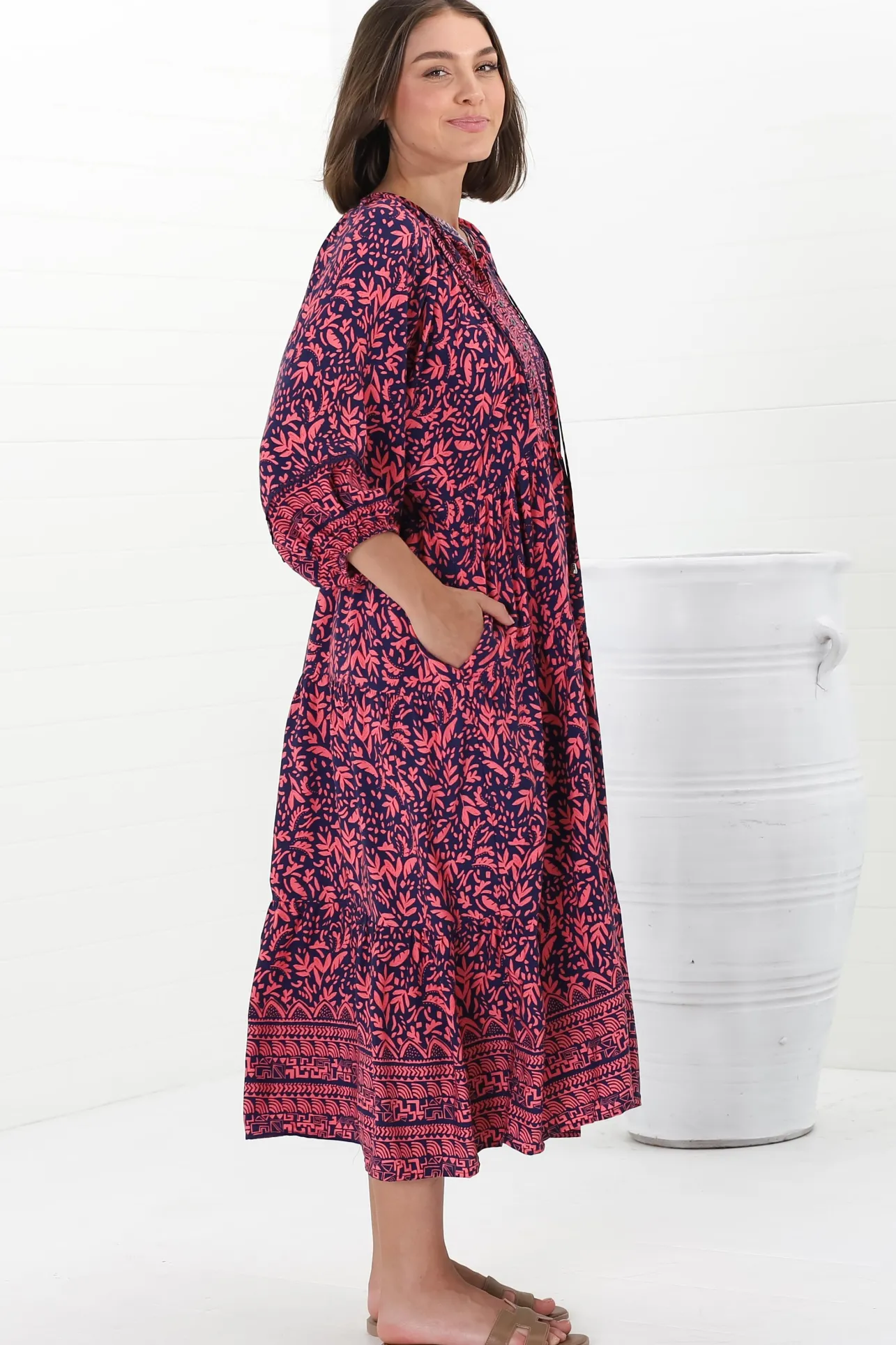 Kamali Midi Dress - Batwing Sleeve Smock Dress with Lace Detailing in Tayler Print Pink>Salty Crush New