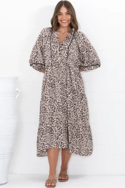 Kamali Midi Dress - Batwing Sleeve Smock Dress with Lace Detailing in Perrie Print Beige><noscript><img width=