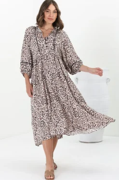 Kamali Midi Dress - Batwing Sleeve Smock Dress with Lace Detailing in Perrie Print Beige><noscript><img width=