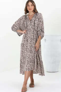 Kamali Midi Dress - Batwing Sleeve Smock Dress with Lace Detailing in Perrie Print Beige><noscript><img width=