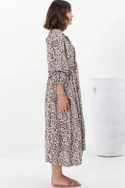 Kamali Midi Dress - Batwing Sleeve Smock Dress with Lace Detailing in Perrie Print Beige><noscript><img width=
