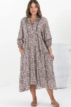 Kamali Midi Dress - Batwing Sleeve Smock Dress with Lace Detailing in Perrie Print Beige><noscript><img width=