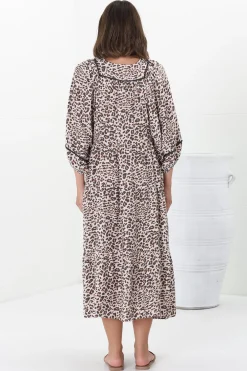 Kamali Midi Dress - Batwing Sleeve Smock Dress with Lace Detailing in Perrie Print Beige><noscript><img width=