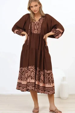 Kamali Midi Dress - Batwing Sleeve Smock Dress with Lace Detailing in Luma Print Brown><noscript><img width=