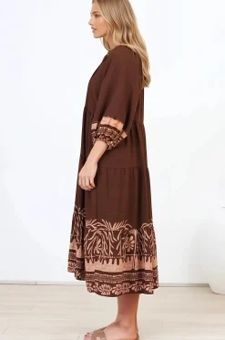 Kamali Midi Dress - Batwing Sleeve Smock Dress with Lace Detailing in Luma Print Brown><noscript><img width=