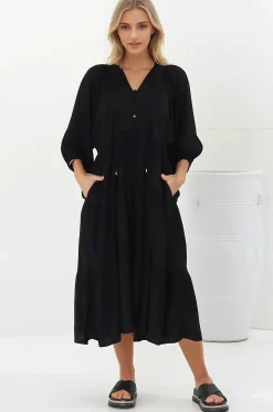 Kamali Midi Dress - Batwing Sleeve Smock Dress with Lace Detailing in Black>Salty Crush Sale
