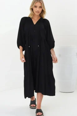 Kamali Midi Dress - Batwing Sleeve Smock Dress with Lace Detailing in Black><noscript><img width=