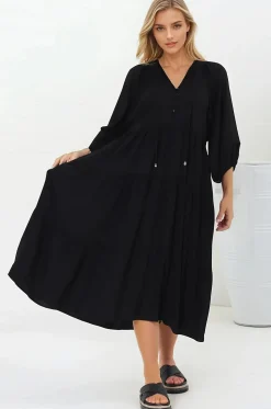 Kamali Midi Dress - Batwing Sleeve Smock Dress with Lace Detailing in Black><noscript><img width=