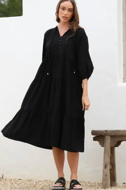 Kamali Midi Dress - Batwing Sleeve Smock Dress with Lace Detailing in Black><noscript><img width=