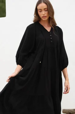 Kamali Midi Dress - Batwing Sleeve Smock Dress with Lace Detailing in Black><noscript><img width=