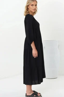 Kamali Midi Dress - Batwing Sleeve Smock Dress with Lace Detailing in Black><noscript><img width=