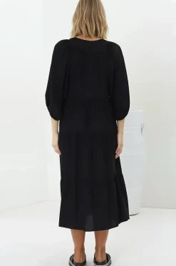 Kamali Midi Dress - Batwing Sleeve Smock Dress with Lace Detailing in Black><noscript><img width=