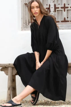 Kamali Midi Dress - Batwing Sleeve Smock Dress with Lace Detailing in Black><noscript><img width=