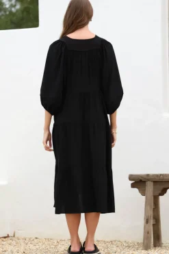 Kamali Midi Dress - Batwing Sleeve Smock Dress with Lace Detailing in Black><noscript><img width=