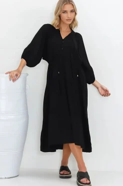 Kamali Midi Dress - Batwing Sleeve Smock Dress with Lace Detailing in Black><noscript><img width=