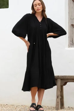 Kamali Midi Dress - Batwing Sleeve Smock Dress with Lace Detailing in Black><noscript><img width=