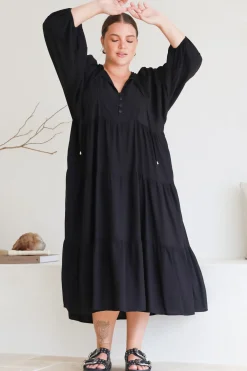 Kamali Midi Dress - Batwing Sleeve Smock Dress with Lace Detailing in Black><noscript><img width=